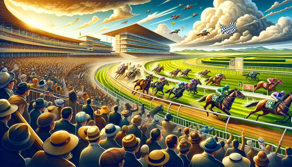 Vibrant scene at a horse racing track with horses and jockeys in action.